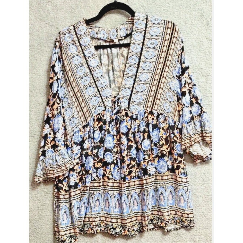 Rose & Thyme Top Womens Small Blue Floral Oversized‎ Tiered Boho Peasant Blouse